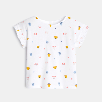 تيشيرت بأكمام مكشكشة باللون الأبيض للفتيات الصغيرات